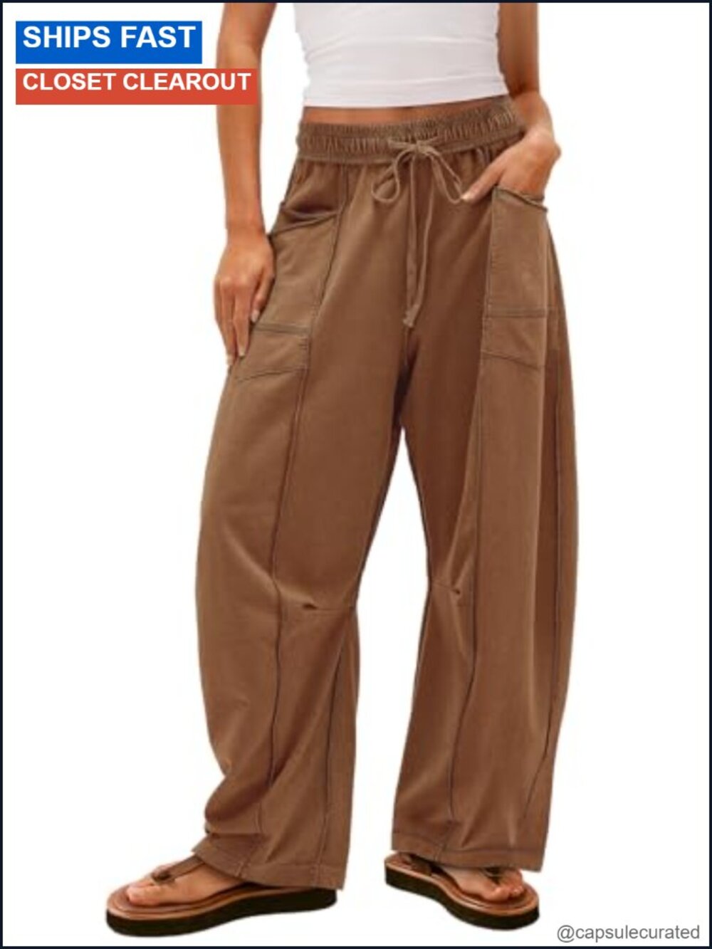 Women's Baggy Wide Leg Palazzo Pants Drawstring Elastic Waist Frill Trim Pockets